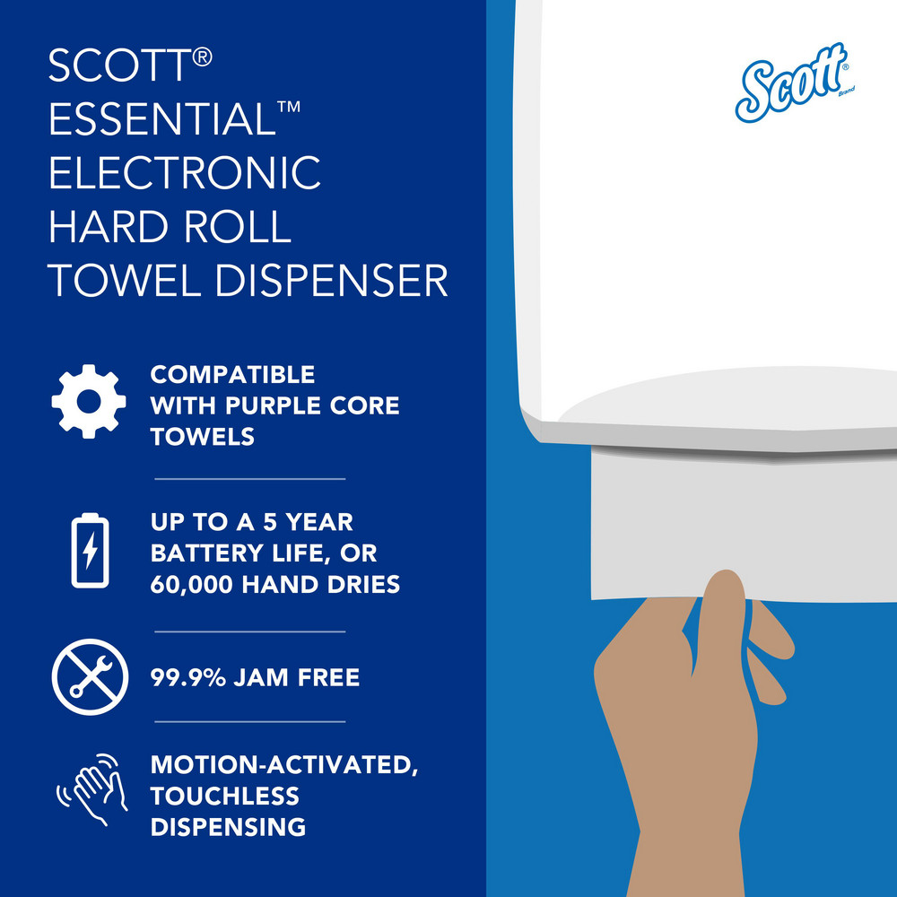Scott Essential Automatic Hard Roll Towel Dispenser, White, for Purple Core Scott Roll Towels, 12.70" x 15.76" x 9.57" - 48858