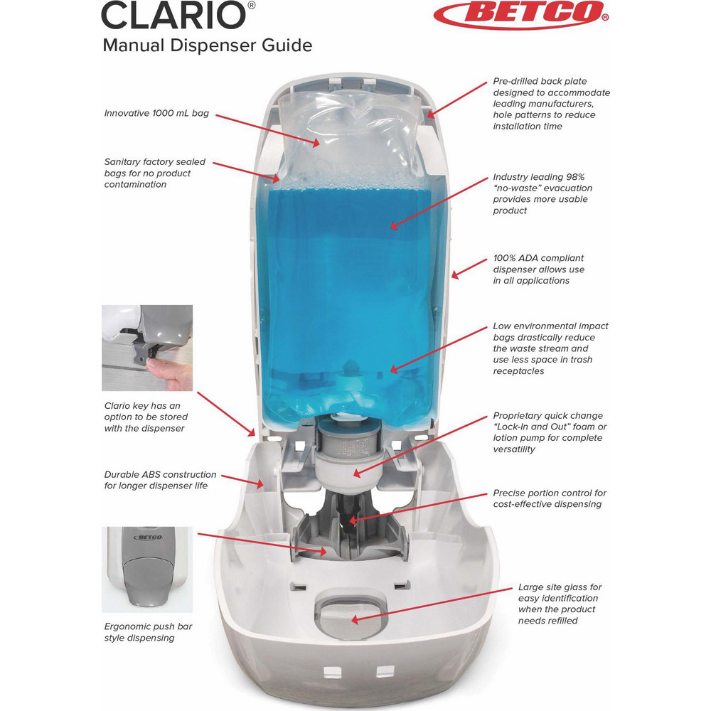 Betco Hand Soap, Lotion & Sanitizer Dispensers: Wall Mounted, Push, Wall, Manual - BET9254200