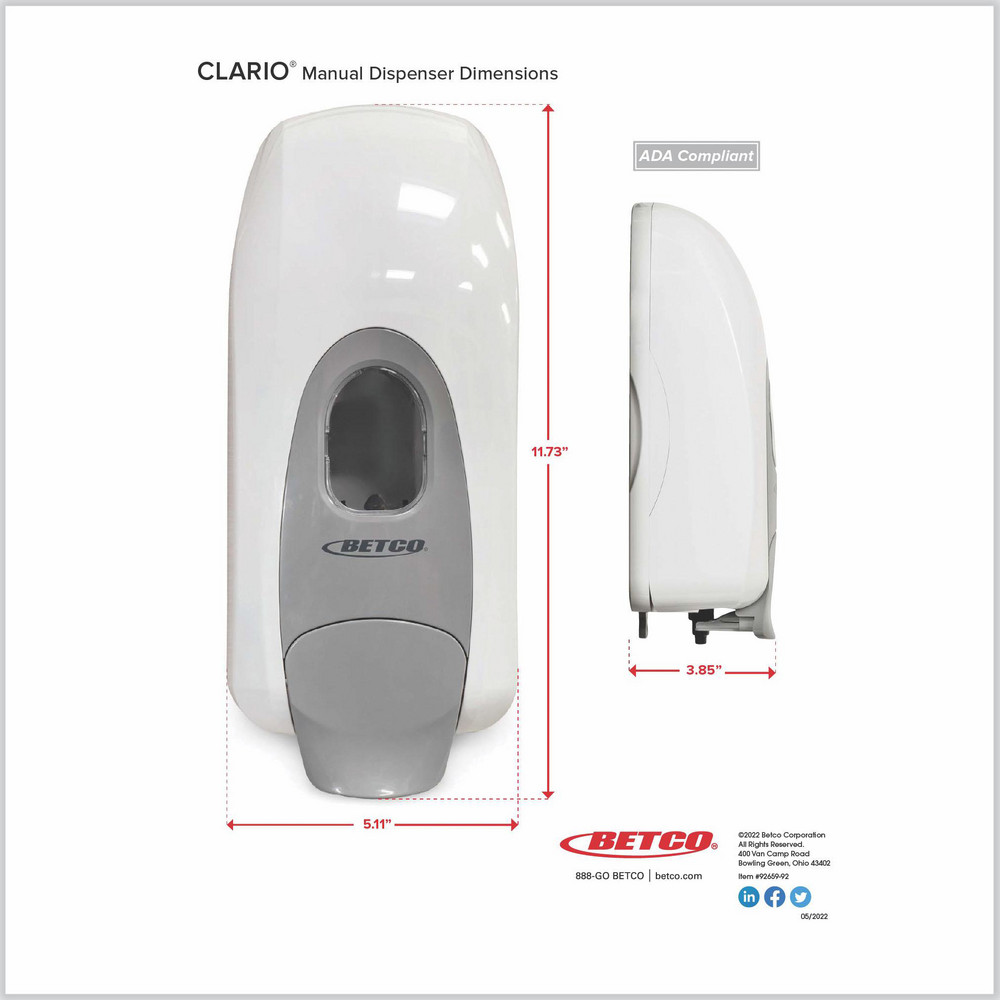 Betco Hand Soap, Lotion & Sanitizer Dispensers: Wall Mounted, Push, Wall, Manual - BET9254200