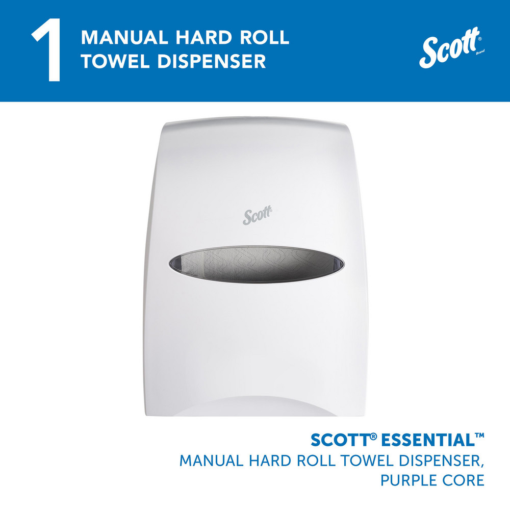 Scott Essential Manual Hard Roll Towel Dispenser, White, for Purple Core Scott Roll Towels, 12.63" x 16.13" x 10.2" - 46254