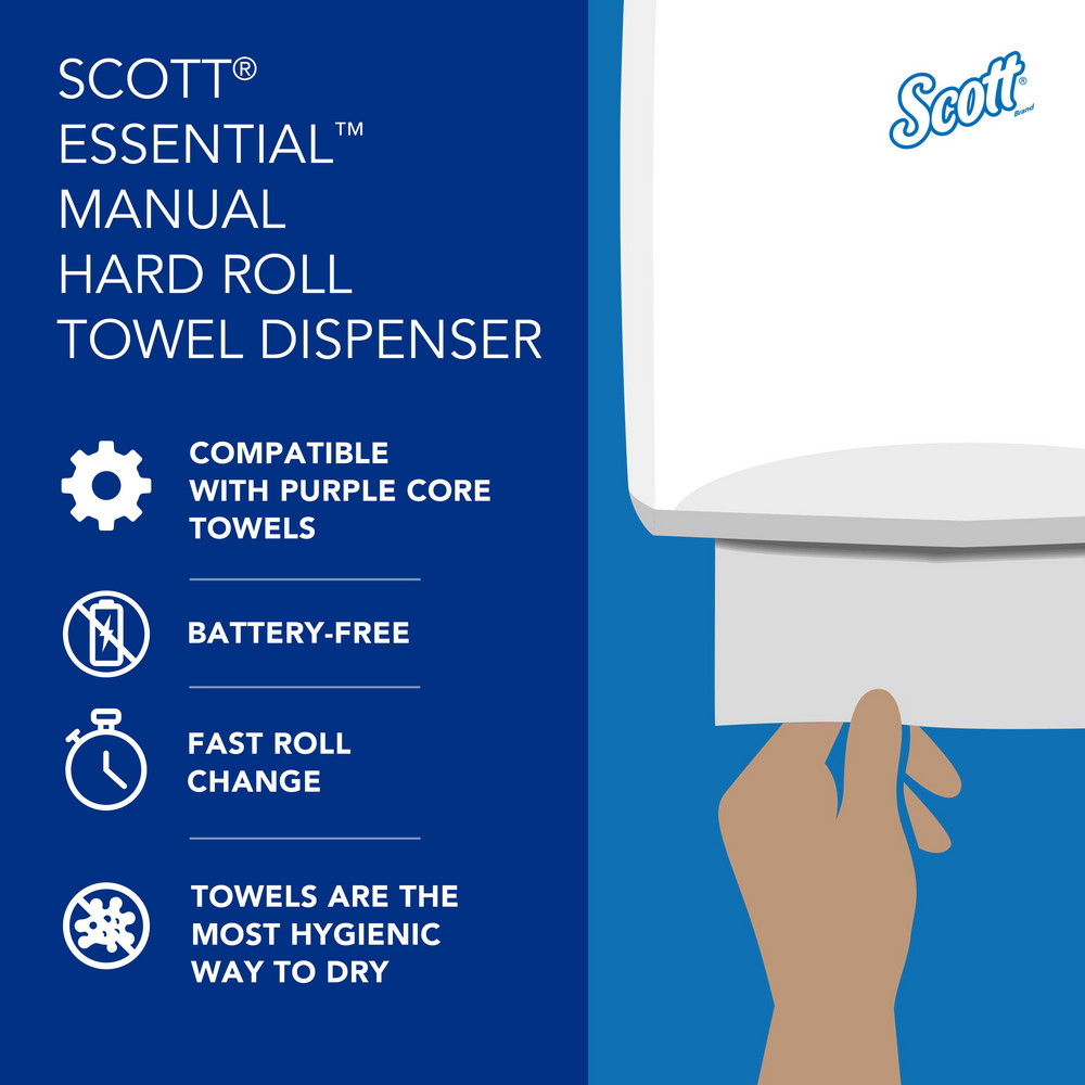 Scott Essential Manual Hard Roll Towel Dispenser, White, for Purple Core Scott Roll Towels, 12.63" x 16.13" x 10.2" - 46254