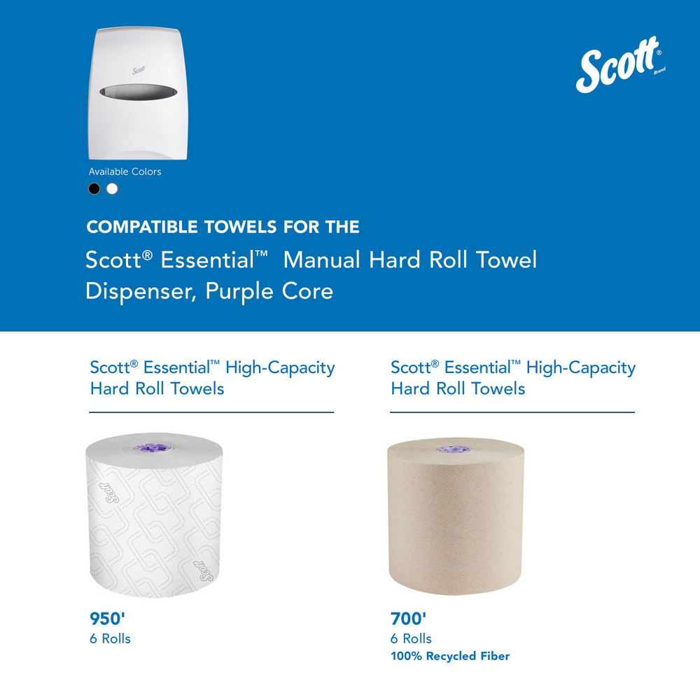 Scott Essential Manual Hard Roll Towel Dispenser, White, for Purple Core Scott Roll Towels, 12.63" x 16.13" x 10.2" - 46254