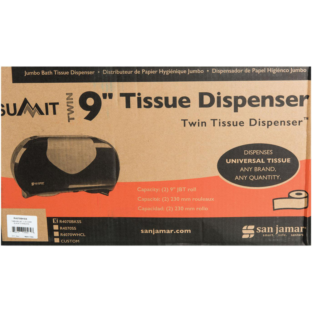 San Jamar Toilet Tissue Dispensers: Jumbo Roll, Plastic, 2, 9" Rolls with Minimum Core Diameter of 3.25" - SJMR4070BKSS