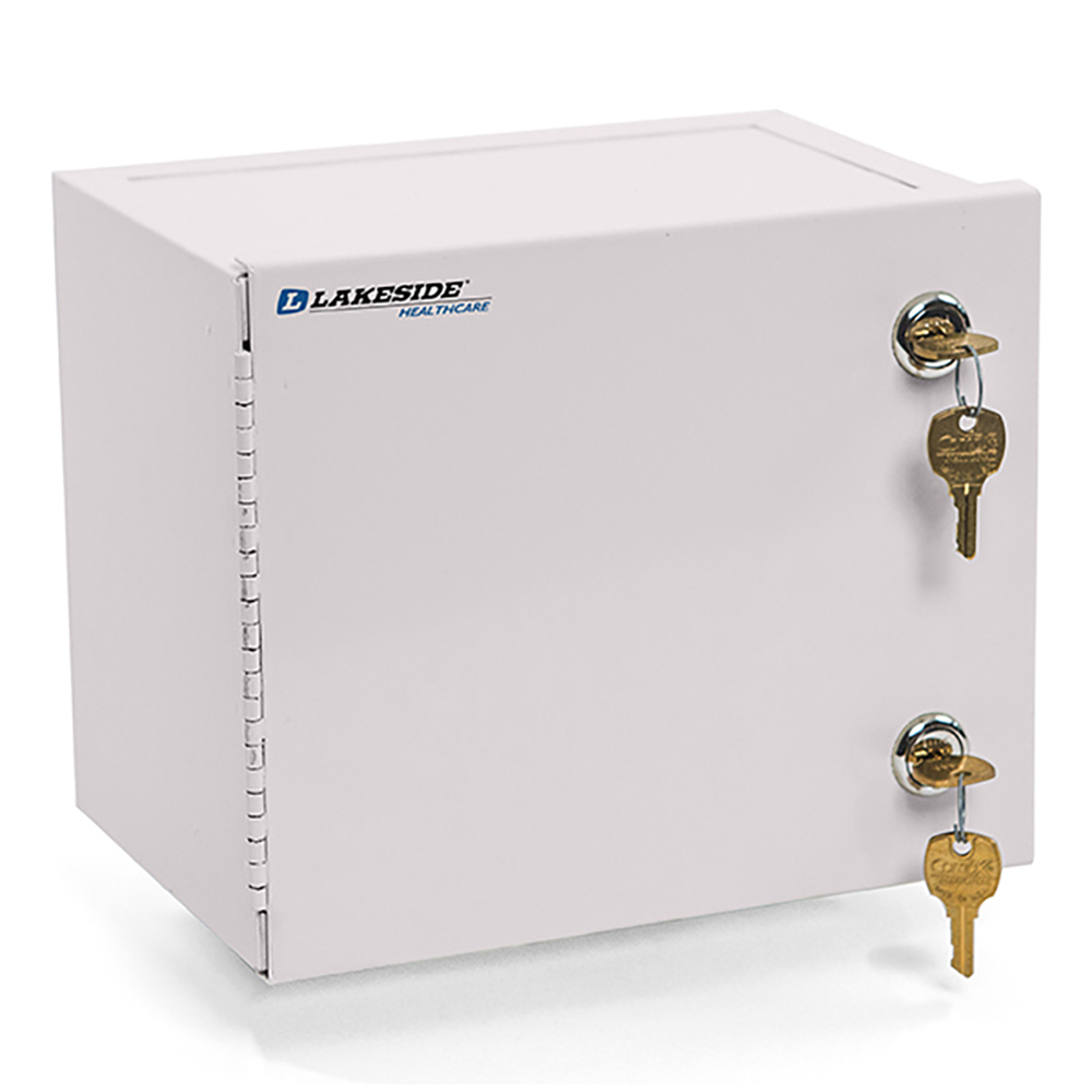 Lakeside Medicine Cabinets: Wall Mounted, 15, Powder coated steel is strong and durable for safe-keeping of medication behind two key locks.  Door can be mounted from either right or left side, left sided mounting is standard. Mounting hardware not included., 18 - LNC-1
