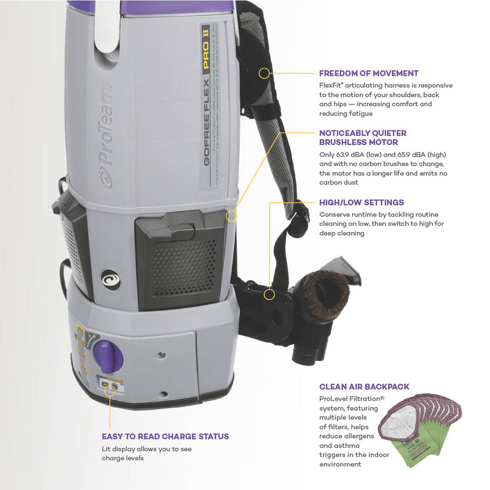 ProTeam Gofree Flex Pro Ii 12 Ah Replacement Battery Offers High Performance Cleaning With Approx;73 Mins;Of Runtime;When Used With The New Gofree Flex Pro Ii A High/Low Power Switch Enables The User To Vacuum Approximately 101 Minutes On Low For Routine Cleaning And 73 Minutes On High For Deep Cleaning;Includes One (1) Gofree Flex Pro Ii 12 Ah Battery - 107724