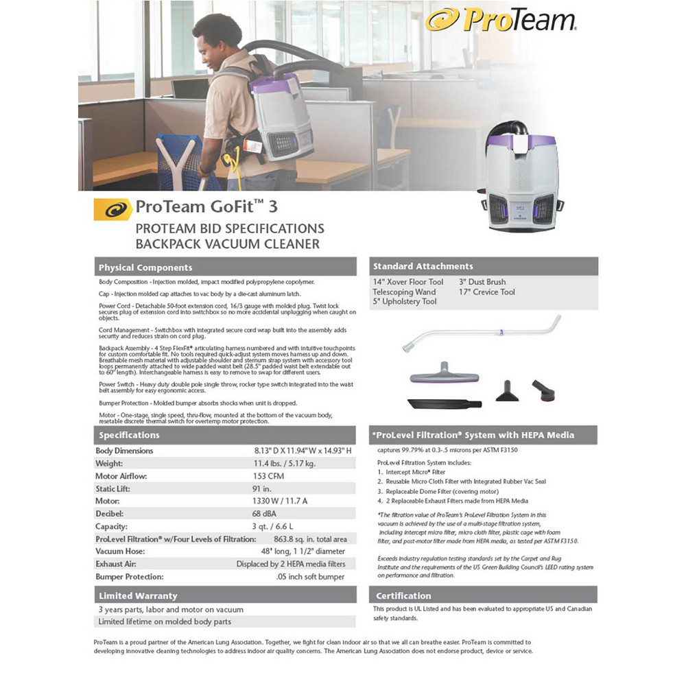 ProTeam Vacuum Cleaner Bags: Bag Type: Disposable Filter Bag; Pickup Type: Dry Pickup; Compatible Vacuum Type: Backpack Vacuum; Compatible Vacuum Capacity: 3 qt - 107667