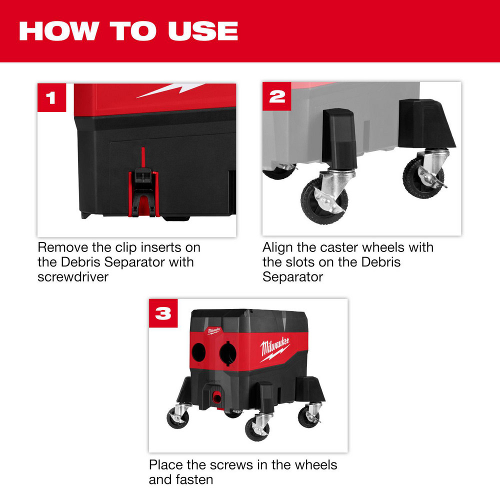 Milwaukee Tool Vacuum Cleaner Repair Parts: Part Type: Casters; Compatible Vacuum Type: Wet/Dry Vacuum; For Use With: PACKOUT Compact Debris Separator - 49-90-2201