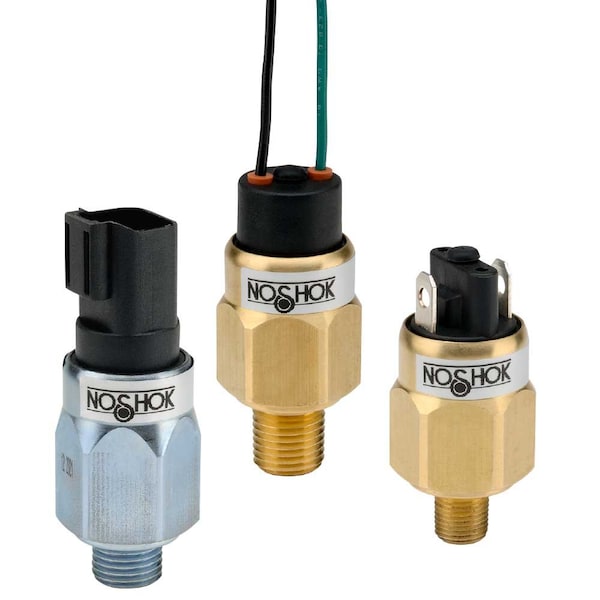 Interruptor de presión de la serie 100 de Noshok, latón, SPST, NC, 1/8" NPT, 15-100 psi, 18" cables voladores - 100L-2-1-15/100-77