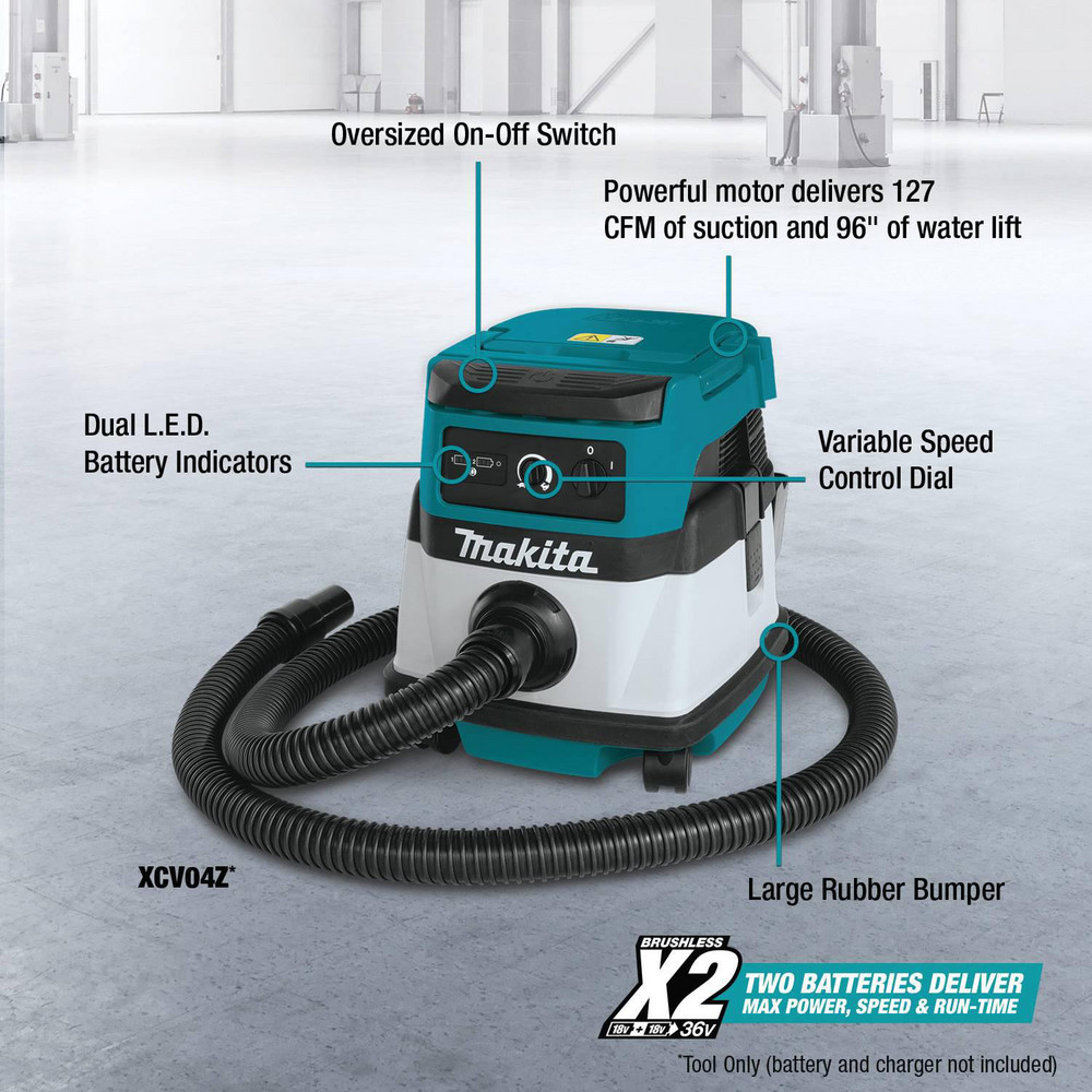 Makita Dry & Wet Cleaner: Battery, 2.1 gal Capacity - XCV04Z