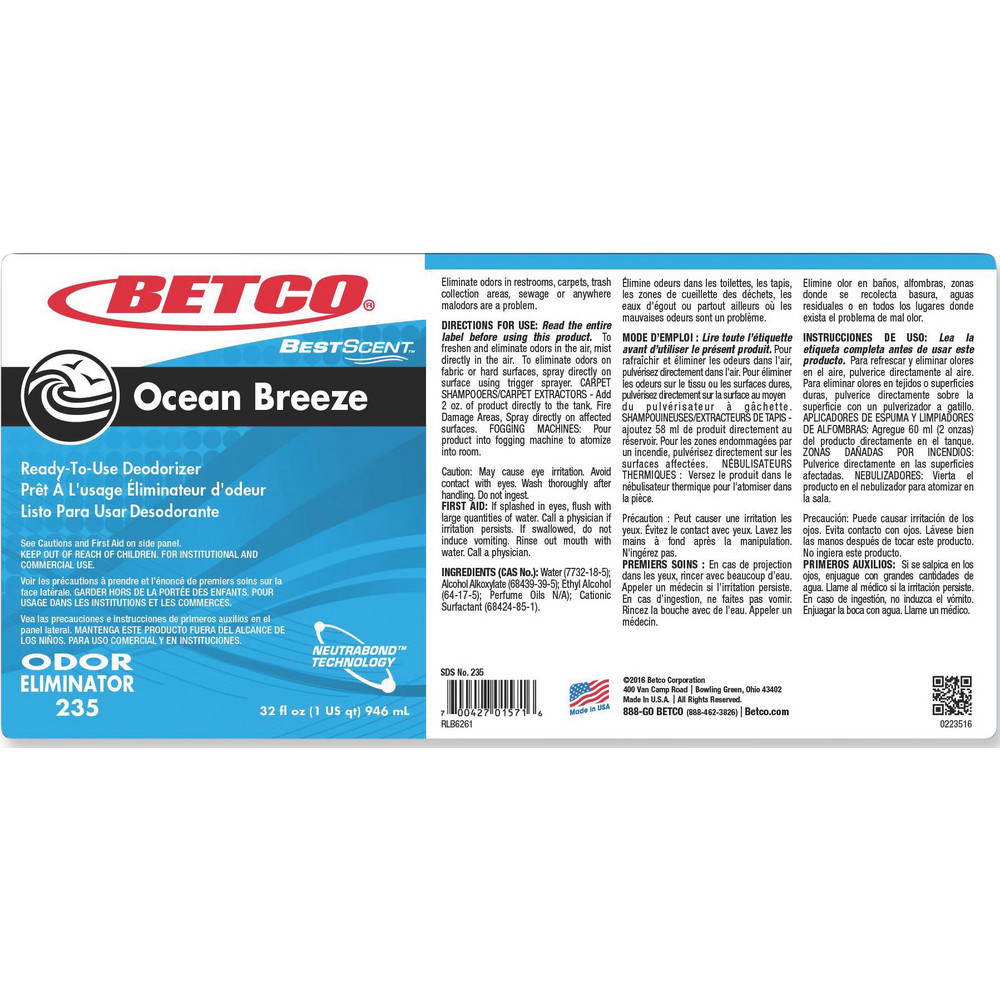 Betco Air Fresheners: Freshener Type: Air Freshener; Form: Liquid; Container Type: Spray Bottle; Dispensing Method: Spray - BET2351200