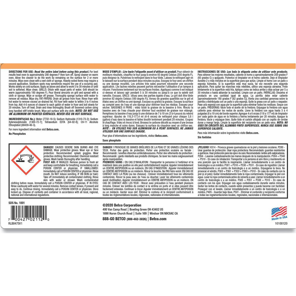 Betco Oven Cleaners: Liquid, Bottle, 1 gal, Yes - BET10010400