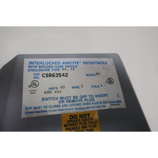 Crouse Hinds ARKTITE INTERLOCKED 4P 3W 60A AMP 600V-AC RECEPTACLE - CSR63542