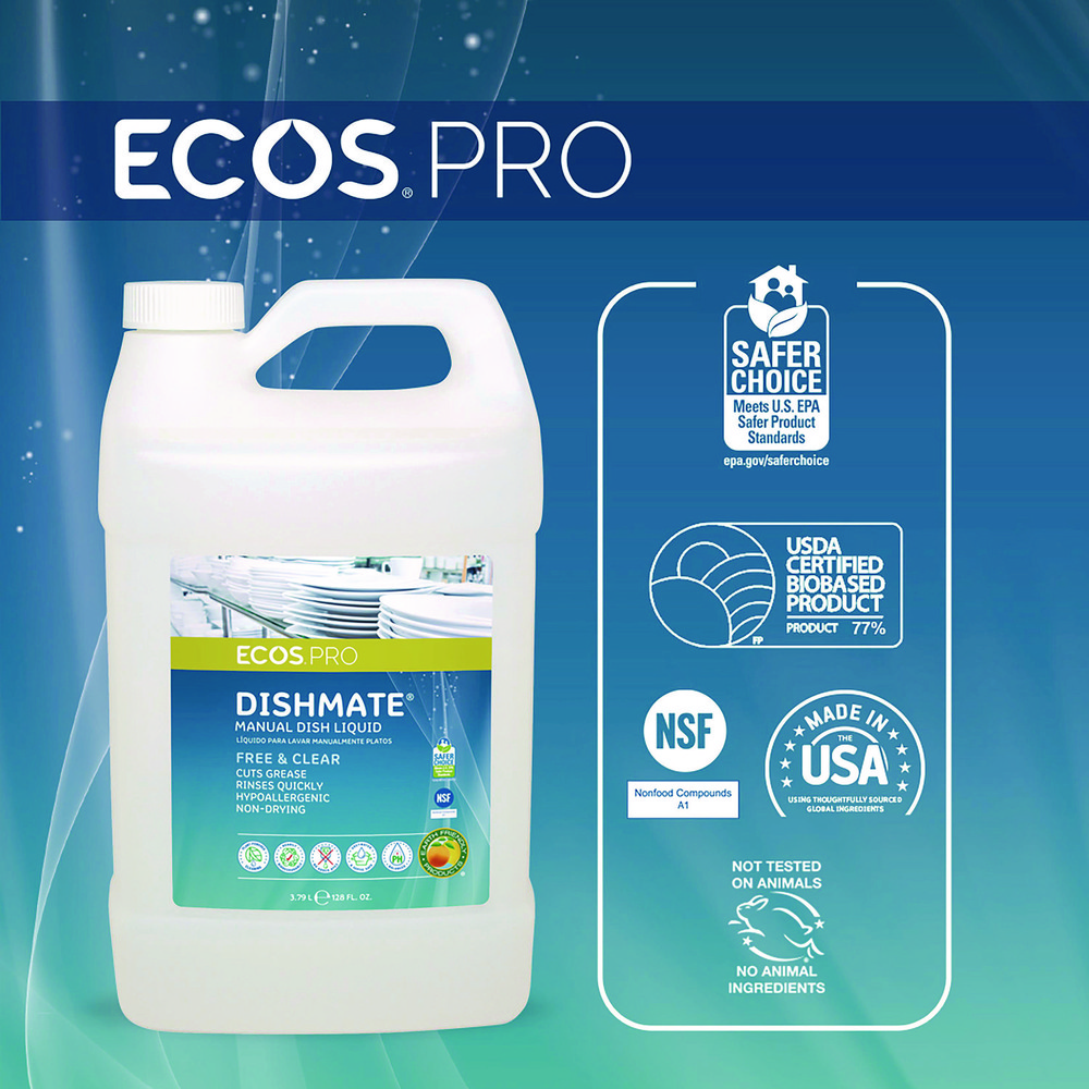 ECOS Dishmate Manual Dish Liquid, Free and Clear, 1 gal Jug, 4/Carton - EOPPL972104CT