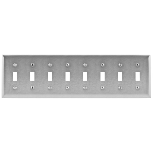Hubbell Wiring Device-Kellems Wallplates and Boxes, Metallic Plates, 8- Gang, 8) Toggle Openings, Standard Size, Stainless Steel - SS608