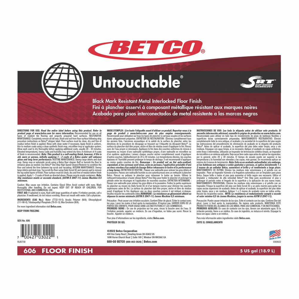 Betco Floor Cleaners, Strippers & Sealers: Product Type: Floor Finish; Container Type: Bag-in-Box - BET606B500