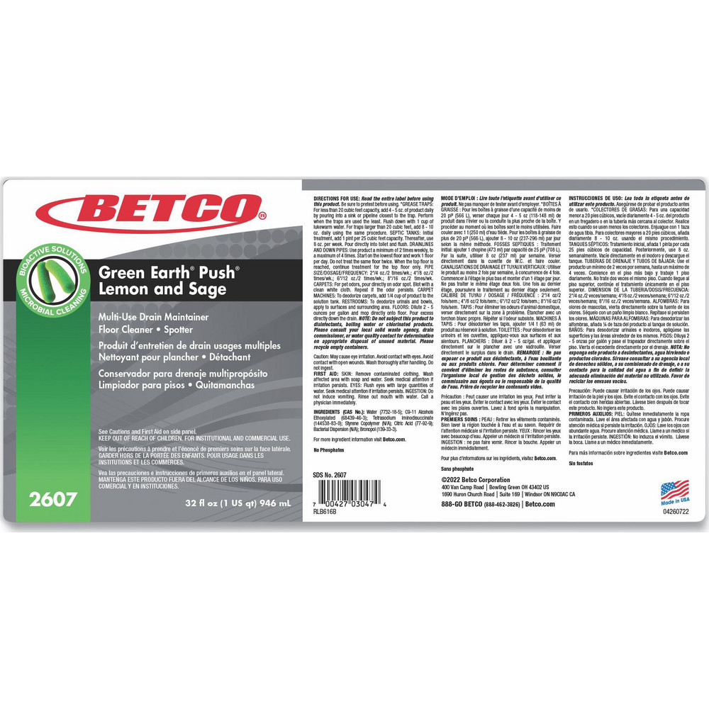 Betco Drain Cleaners & Openers: Product Type: Drain Cleaner; Form: Liquid; Container Type: Bottle; Container Size: 32 oz - BET26071200
