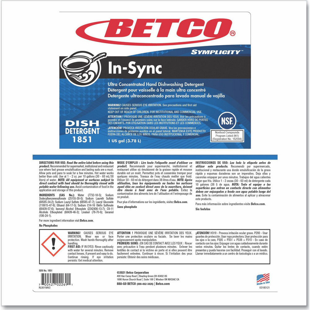 Betco Dish Detergent: Detergent Type: Manual Dishwashing; Form: Liquid; Container Type: Bottle - BET18510400