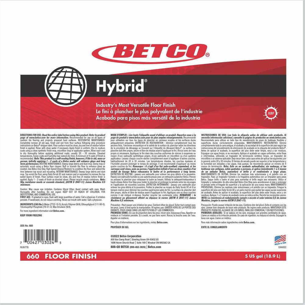 Betco Floor Cleaners, Strippers & Sealers: Product Type: Floor Finish; Container Type: Bag-in-Box - BET660B500