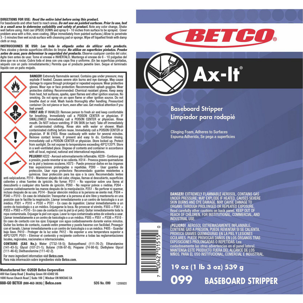 Betco Floor Cleaners, Strippers & Sealers: Product Type: Baseboard Stripper; Container Type: Aerosol Can; Container Size (fl. oz.): 19.00 - BET0992300CT