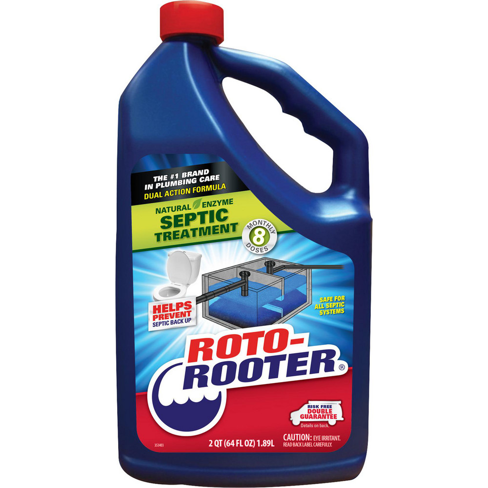 Roto Rooter Roto-Rooter Septic Treatment is a professional strength, cost effective formula that helps prevent septic backups. Simply pour product in toilet bowl and flush. Helps prevent septic backups by breaking down waste, paper, fats, grease, oils, starch and protein. Works to remove unpleasant odors and dampness in leach fields. Natural enzyme, dual action formula provides continuous, long-term septic boost. Safe for all pipes and septic systems. Helps prevent costly backups. 64 oz bottle equals eight monthly doses. - 351272