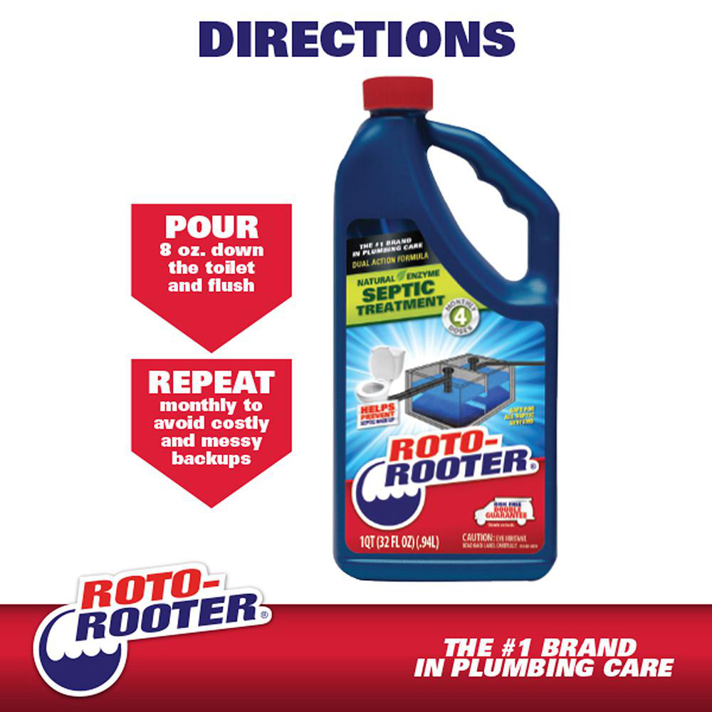 Roto Rooter Roto-Rooter Septic Treatment is a professional strength, cost effective formula that helps prevent septic backups. Simply pour product in toilet bowl and flush. Helps prevent septic backups by breaking down waste, paper, fats, grease, oils, starch and protein. Works to remove unpleasant odors and dampness in leach fields. Natural enzyme, dual action formula provides continuous, long-term septic boost. Safe for all pipes and septic systems. Helps prevent costly backups. 64 oz bottle equals eight monthly doses. - 351272