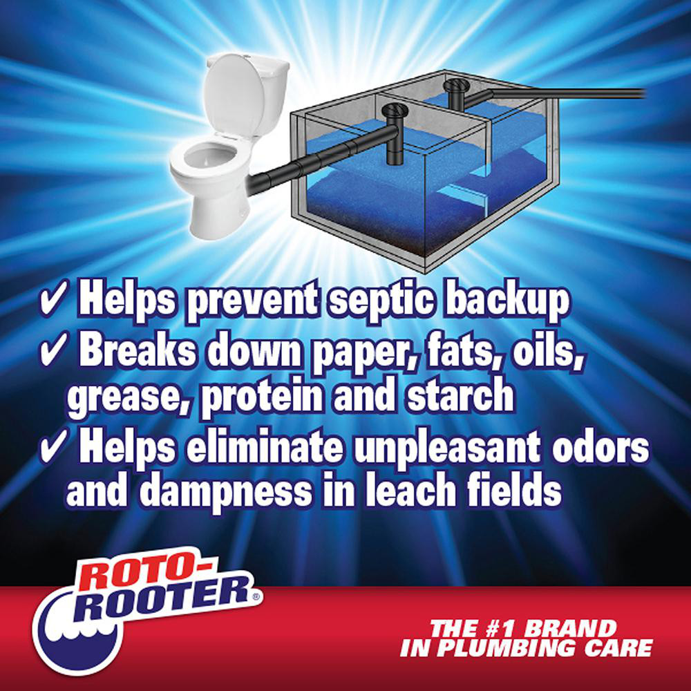 Roto Rooter Roto-Rooter Septic Treatment is a professional strength, cost effective formula that helps prevent septic backups. Simply pour product in toilet bowl and flush. Helps prevent septic backups by breaking down waste, paper, fats, grease, oils, starch and protein. Works to remove unpleasant odors and dampness in leach fields. Natural enzyme, dual action formula provides continuous, long-term septic boost. Safe for all pipes and septic systems. Helps prevent costly backups. 64 oz bottle equals eight monthly doses. - 351272