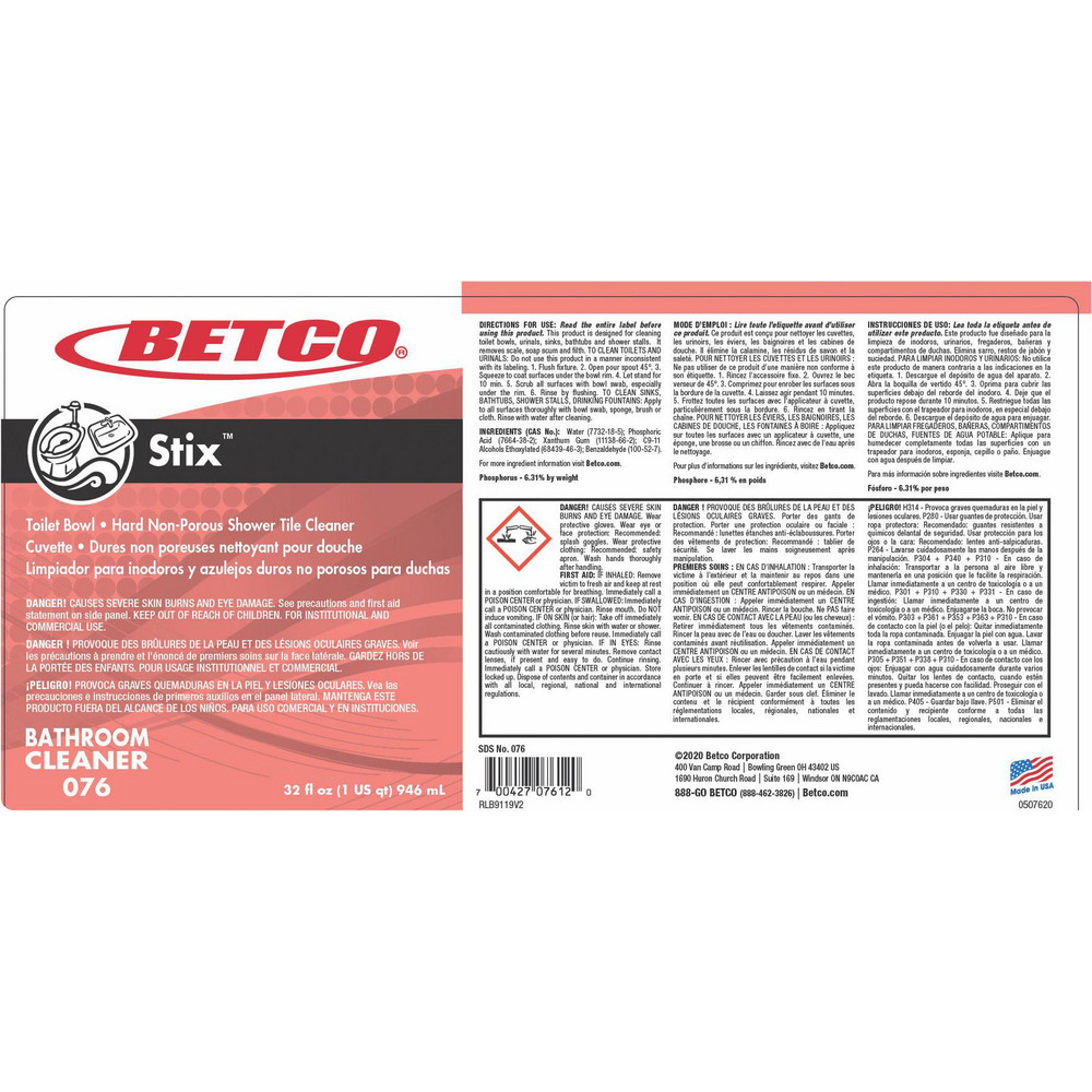 Betco Bathroom Cleaners: Product Type: Toilet Bowl Cleaner; Form: Liquid; Container Type: Bottle; Container Size: 32 oz - BET761200