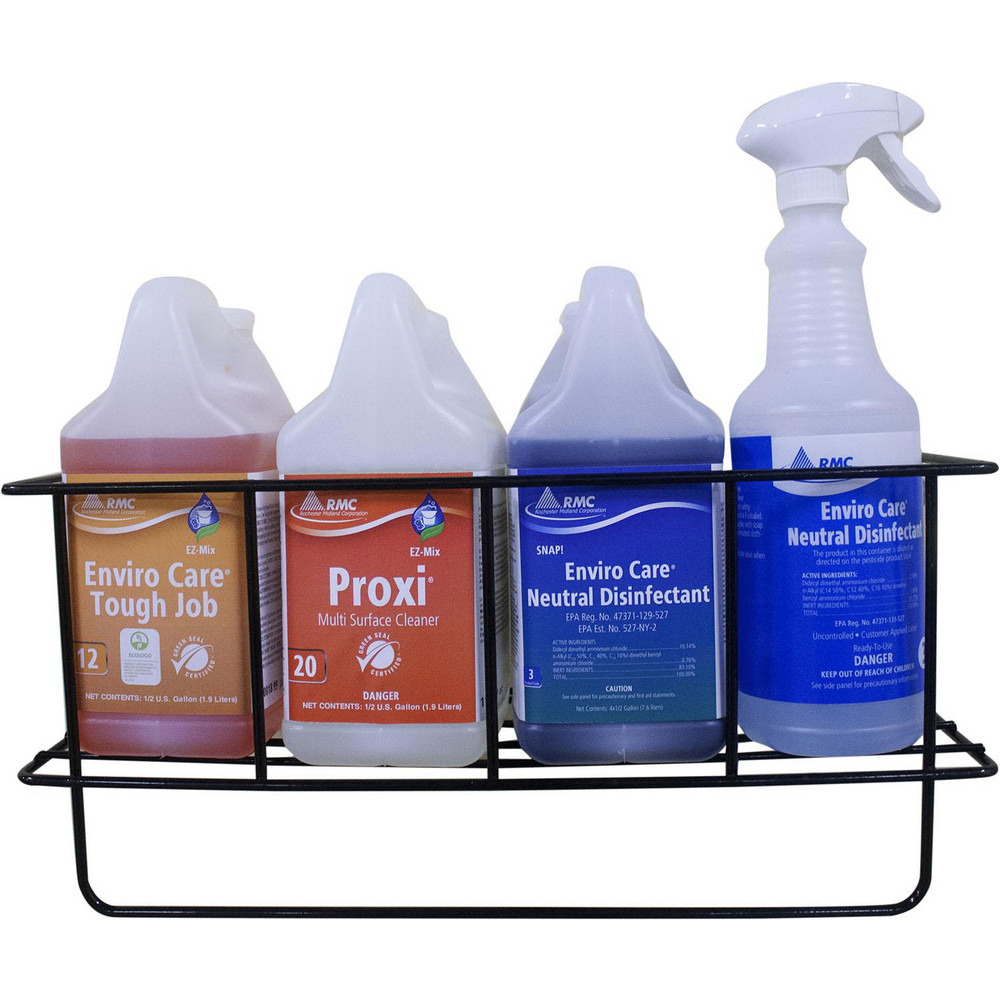 Rochester Midland Corporation Proportioner Accessories: Accessories, Equipment, 4, EZ-Mix Products, Chemizer IV, SNAP Dispenser, Chemizer II, Mobile Dispensers, Metal wall rack that holds up to 4 EZ Mix 1/2 gallon bottles or ready to use spray bottles. Rack dimensions: 18.75 W x 7.75 H x 8 D - 35718100