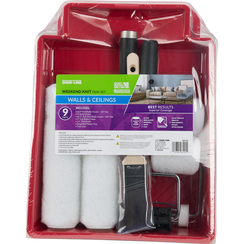 Value Collection Paint Roller Sets; Type: Mini Roller/Tray Kit; Kit Type: Mini Roller/Tray Kit; Roller Length: 3 in; 9 in; Paint Type: Water; Latex Flat Paints; Oil; Roller Cover Included: Yes; Includes: Solid Polyester Tapered 1.5" Angle Sash Paint Brush; Deep Well Tray Liner; 9" 5-Wire Roller Frame - 2007030