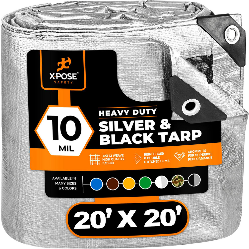 Xpose Safety Tarp/Dust Cover: Silver & Black, Rectangle, Polyethylene, 40' Long x 30' Wide, 10 mil - STH-3040-X