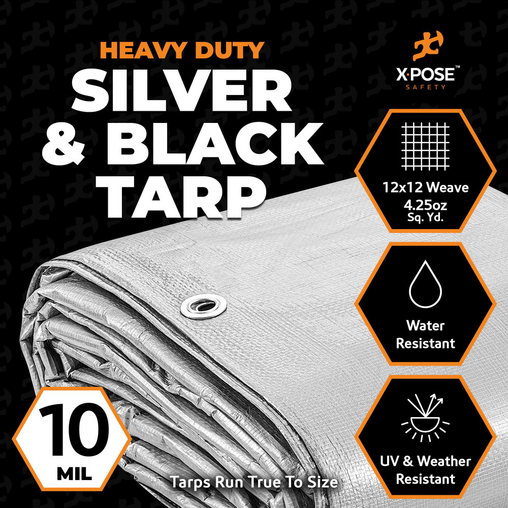 Xpose Safety Tarp/Dust Cover: Silver & Black, Rectangle, Polyethylene, 40' Long x 30' Wide, 10 mil - STH-3040-X