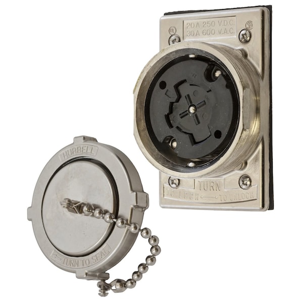 Hubbell Wiring Device-Kellems Locking Devices, Hubbellock, Industrial, Receptacle, 30A 600V AC, 20A 250V DC, 3-Pole 4-Wire Grounding, Non-NEMA, Screw Terminal, FS/FD Box Mounting - HBL22CM427