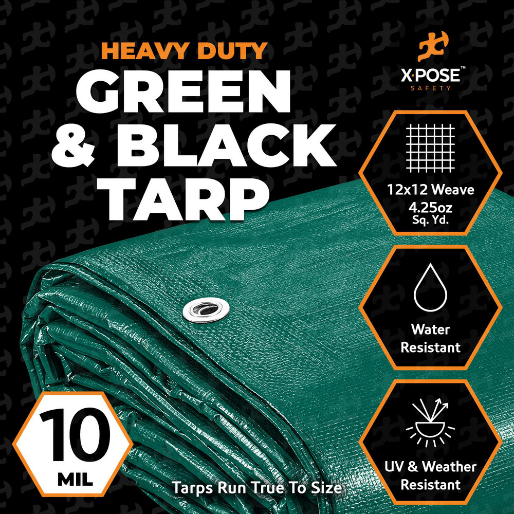 Xpose Safety Tarp/Dust Cover: Black & Green, Rectangle, Polyethylene, 20' Long x 10' Wide, 10 mil - MTGB-1020-X