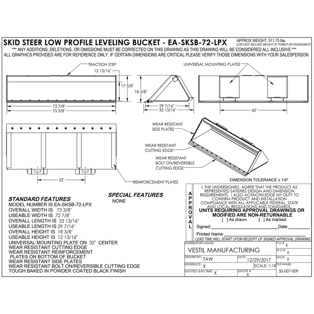 Vestil Heavy Duty Low Profile Skid Steer Bucket Attachment - EA-SKSB-72-LPX