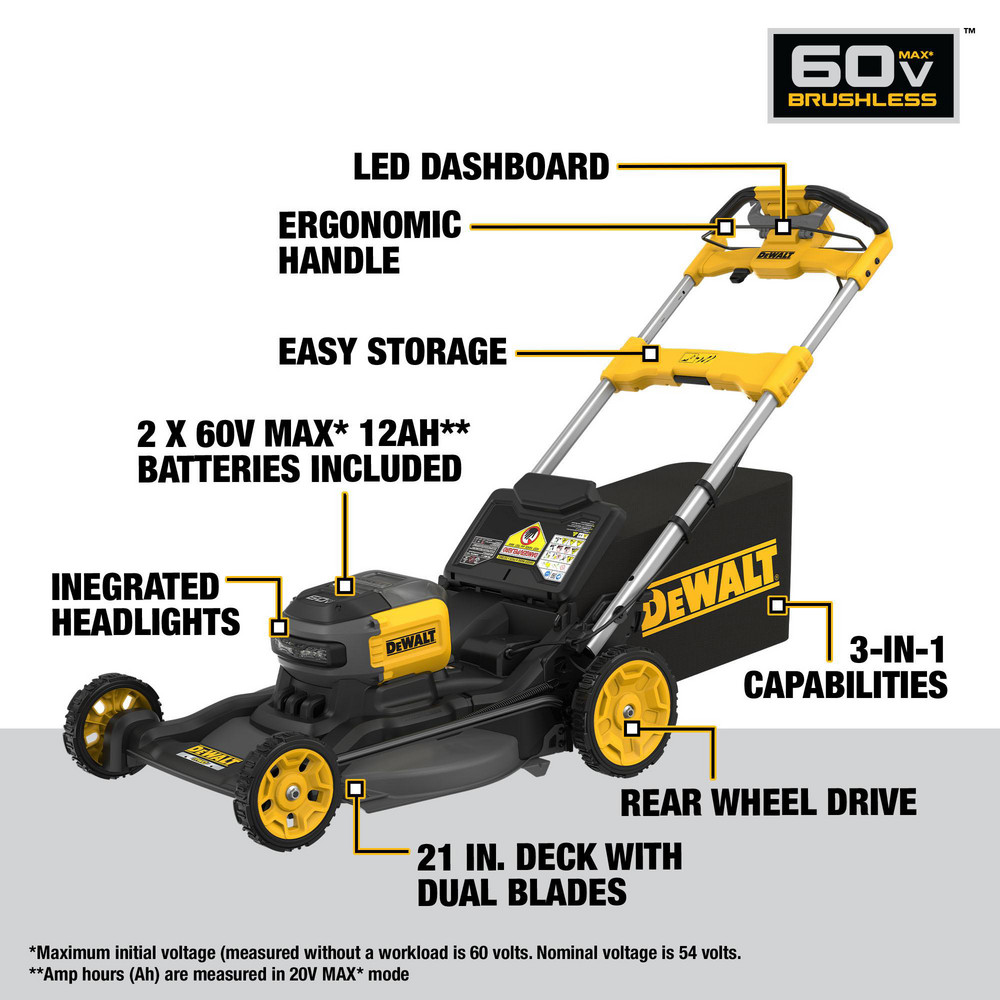 DeWALT Lawn Mowers: Mower Type: Walk Behind; Power Type: Battery; Cutting Width: 21 in - DCMWSP700Y2