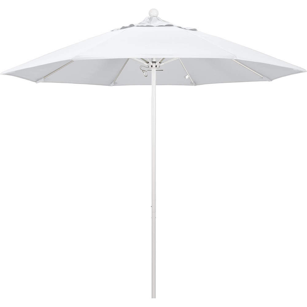 California Umbrella Patio Umbrella: 108" Dia, 9' High, Solution Dyed Polyester, White, Aluminum & Fiberglass Frame - 194061358009