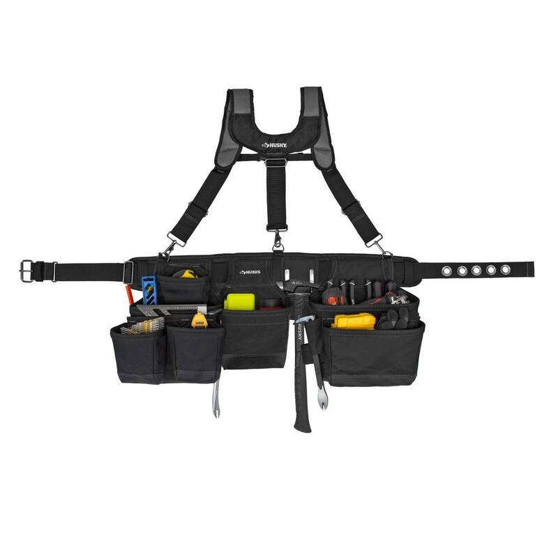 Husky 3-Bag 17 Pocket Black Framer's Suspension Rig Work Tool Belt with Suspenders - HD00145