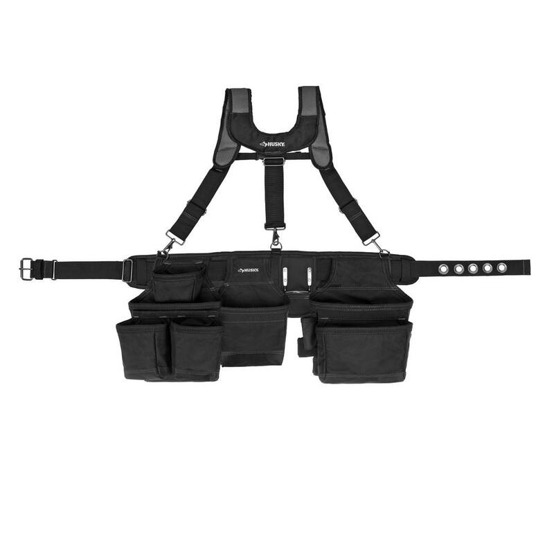 Husky 3-Bag 17 Pocket Black Framer's Suspension Rig Work Tool Belt with Suspenders - HD00145