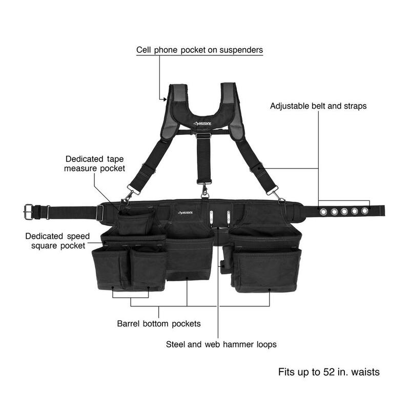 Husky 3-Bag 17 Pocket Black Framer's Suspension Rig Work Tool Belt with Suspenders - HD00145