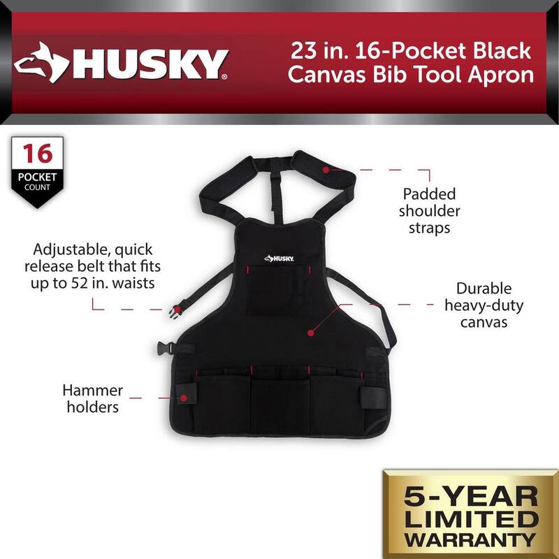 Husky 23 in. 16-Pocket Black Canvas Bib Tool Work Apron - HD00122-TH