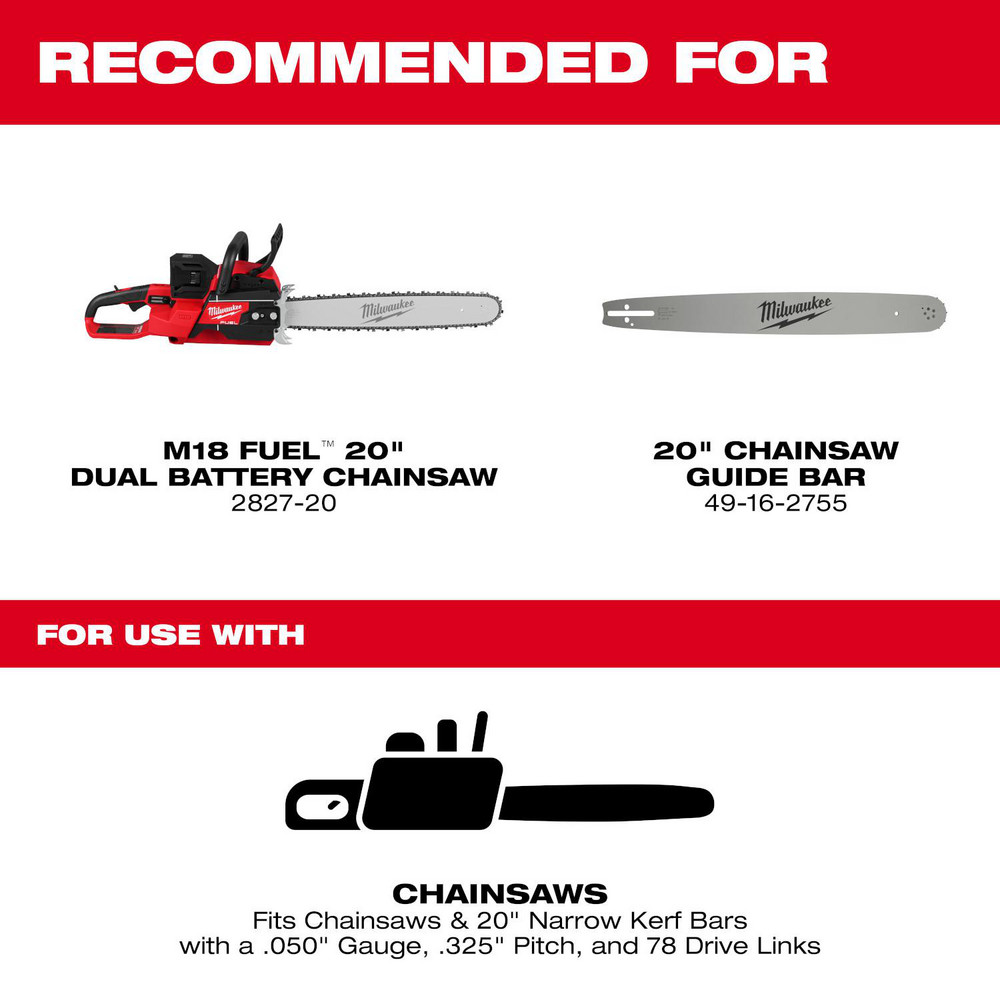 Milwaukee Tool Outdoor Power Equipment Accessories: Accessory Type: Saw Chain; For Use With: M18 FUEL™ 20" Dual Battery Chainsaw - 49-16-2752