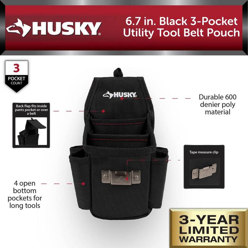 Husky 6.7 in. Black 3-Pocket Utility Tool Belt Pouch - HD00130-TH