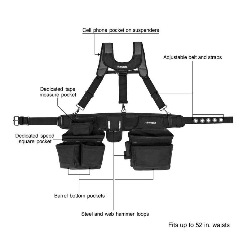 Husky 16-Pocket Black Carpenter's Tool Belt with Suspenders - HD00144