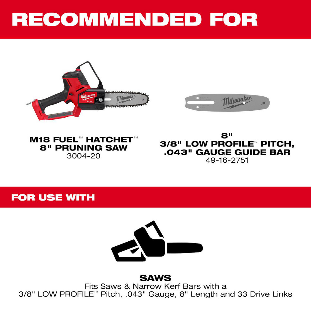 Milwaukee Tool Outdoor Power Equipment Accessories: Accessory Type: Chain; For Use With: M18 FUEL™ HATCHET™ 8" Pruning Saw (3004-20) - 49-16-2817