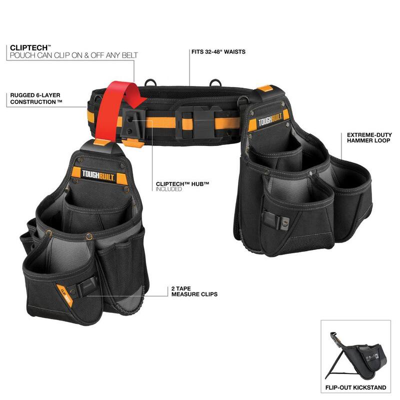 TOUGHBUILT 20.5" 3-Piece Tradesman Tool Belt Set, Black with ClipTech heavy duty construction and 27 pockets with hammer loop - TB-CT-111-3P