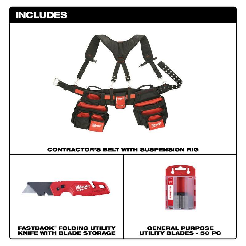 Milwaukee Contractors Work Belt with Rig with Flip Utility Knf with Strg with 50-Blades - 48-22-8120-48-22-1504