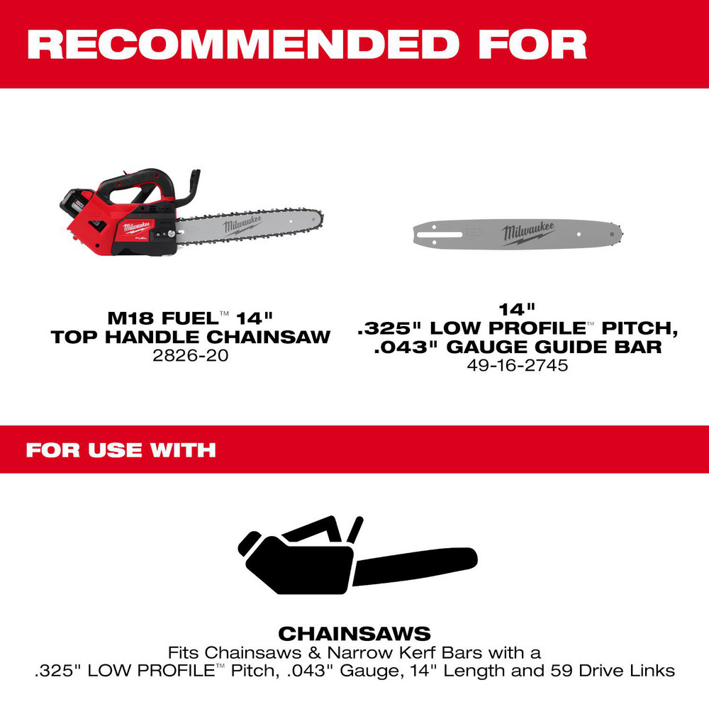 Milwaukee Tool Outdoor Power Equipment Accessories: Accessory Type: Chain; For Use With: M18 FUEL™ 14" Top Handle Chainsaw (2826-20) - 49-16-2819