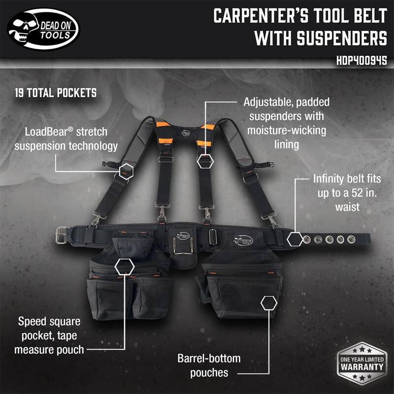 DEAD ON TOOLS Professional Carpenter's Work Tool Belt Tool Storage Suspension Rig with LoadBear Suspenders and 2 Tool Pouches in Black - HDP400945