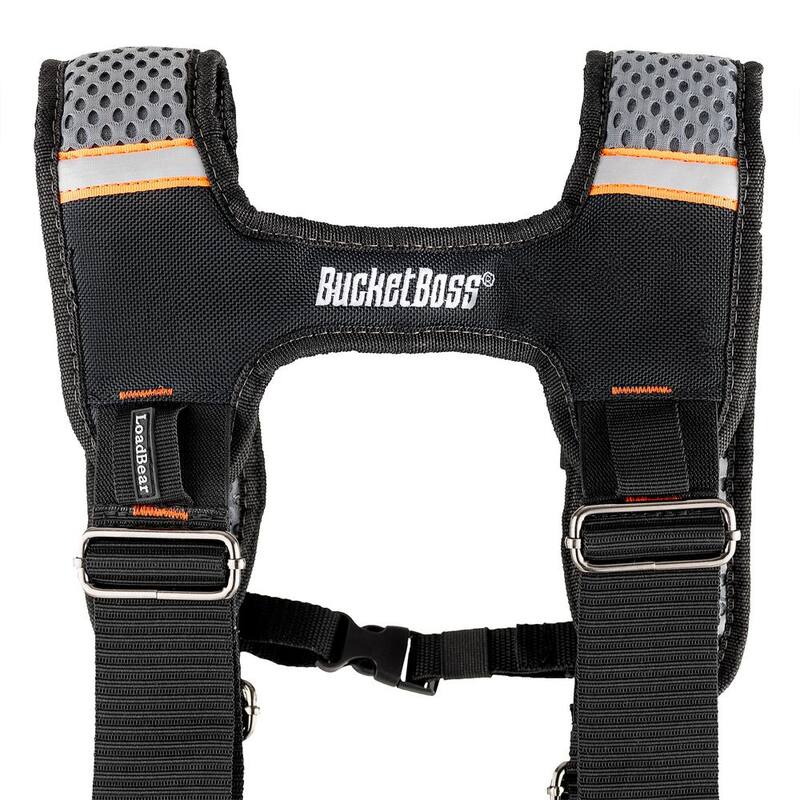 BUCKET BOSS 3-Bag 17-Pocket Professional High Visibility Framers Work Tool Belt Tool Storage Suspension Rig with Suspenders in Black - 55285-HV