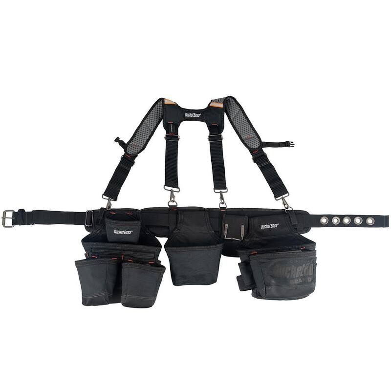 BUCKET BOSS 3-Bag 17-Pocket Professional High Visibility Framers Work Tool Belt Tool Storage Suspension Rig with Suspenders in Black - 55285-HV